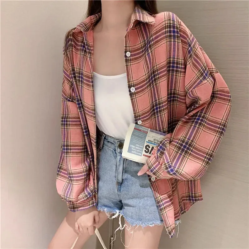 Obsidian Phoenix Women’s Plaid Shirt - Long-Sleeve Vintage Preppy Style Blouse, Single-Breasted and Loose Fit