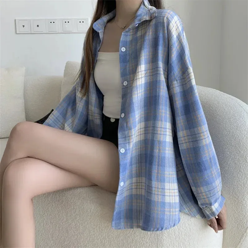 Obsidian Phoenix Women’s Plaid Shirt - Long-Sleeve Vintage Preppy Style Blouse, Single-Breasted and Loose Fit