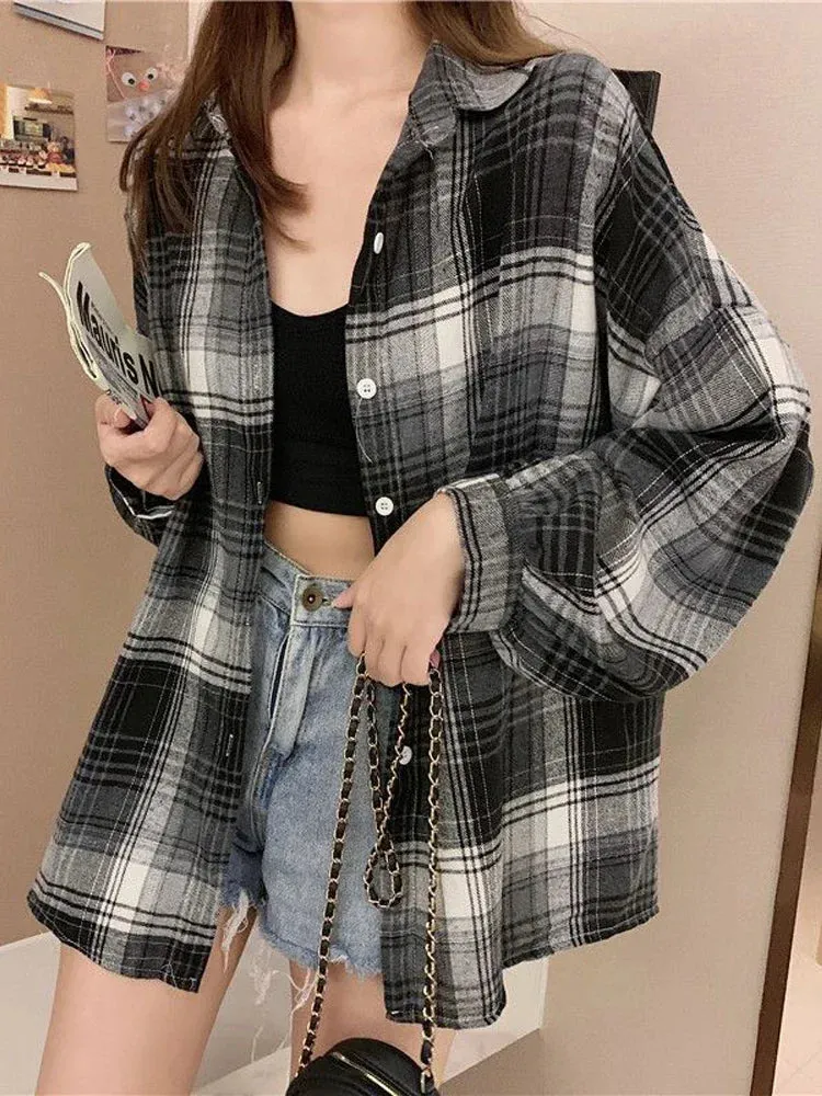 Obsidian Phoenix Women’s Plaid Shirt - Long-Sleeve Vintage Preppy Style Blouse, Single-Breasted and Loose Fit