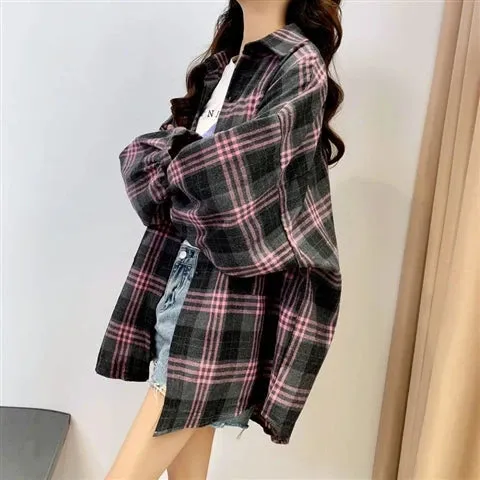 Obsidian Phoenix Women’s Plaid Shirt - Long-Sleeve Vintage Preppy Style Blouse, Single-Breasted and Loose Fit