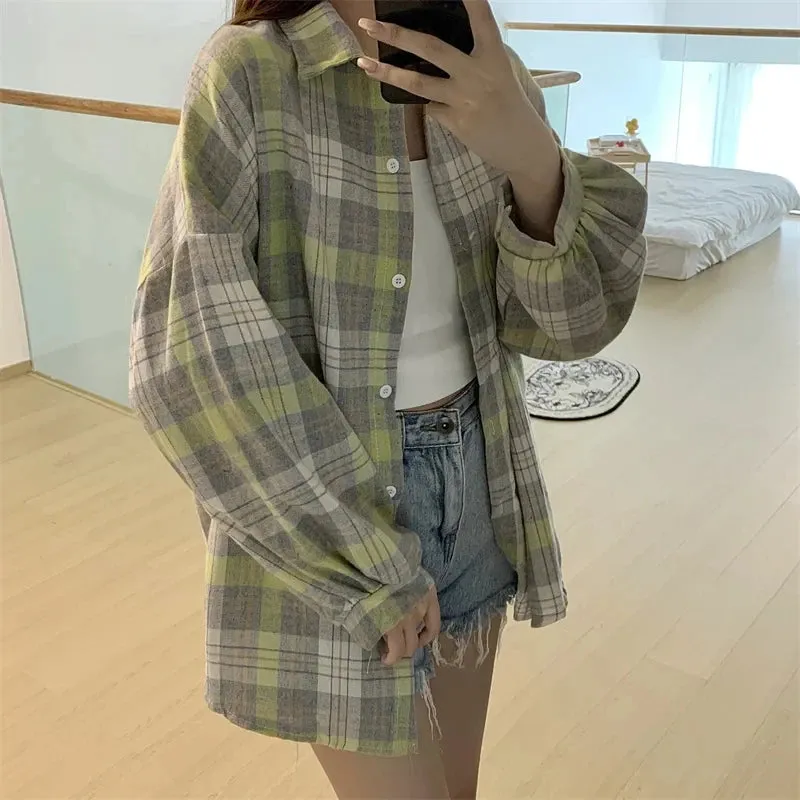 Obsidian Phoenix Women’s Plaid Shirt - Long-Sleeve Vintage Preppy Style Blouse, Single-Breasted and Loose Fit