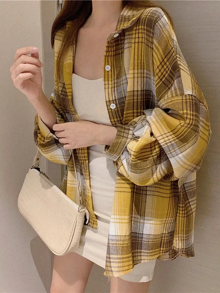 Obsidian Phoenix Women’s Plaid Shirt - Long-Sleeve Vintage Preppy Style Blouse, Single-Breasted and Loose Fit