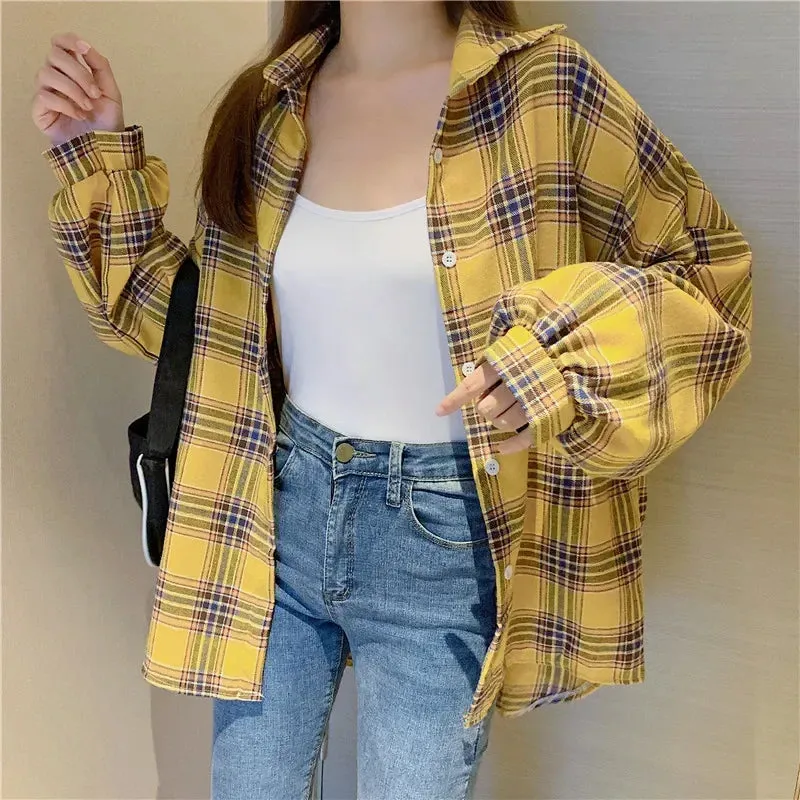 Obsidian Phoenix Women’s Plaid Shirt - Long-Sleeve Vintage Preppy Style Blouse, Single-Breasted and Loose Fit