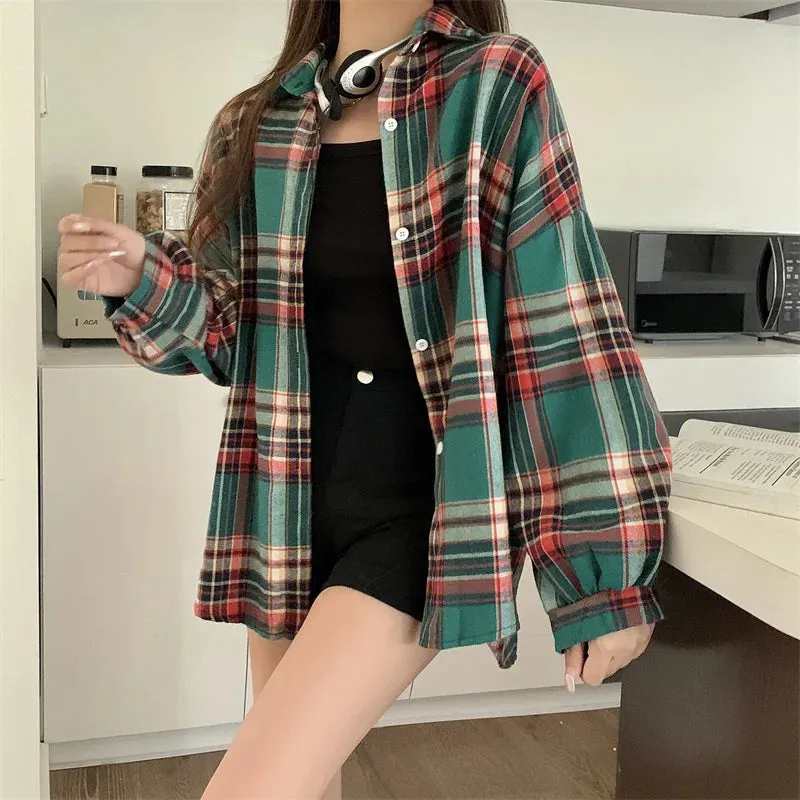 Obsidian Phoenix Women’s Plaid Shirt - Long-Sleeve Vintage Preppy Style Blouse, Single-Breasted and Loose Fit