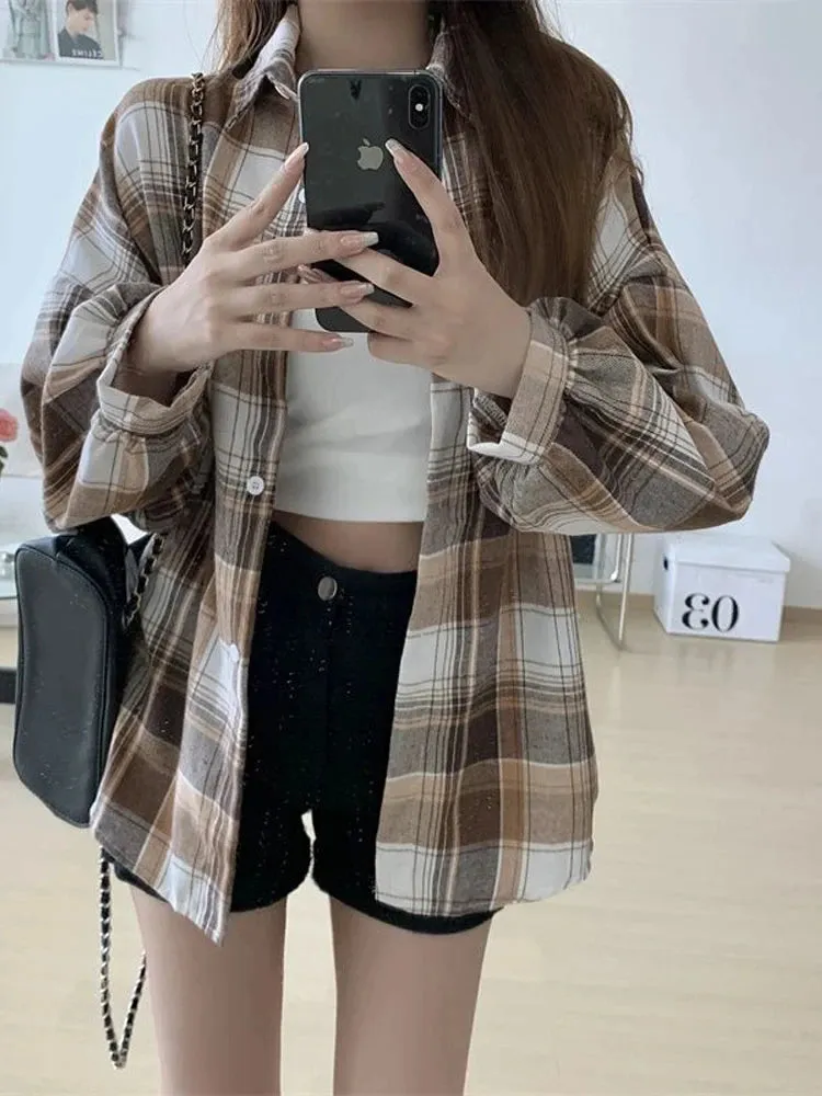 Obsidian Phoenix Women’s Plaid Shirt - Long-Sleeve Vintage Preppy Style Blouse, Single-Breasted and Loose Fit