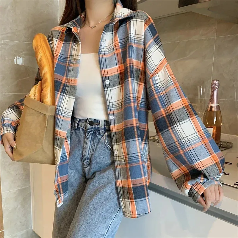Obsidian Phoenix Women’s Plaid Shirt - Long-Sleeve Vintage Preppy Style Blouse, Single-Breasted and Loose Fit