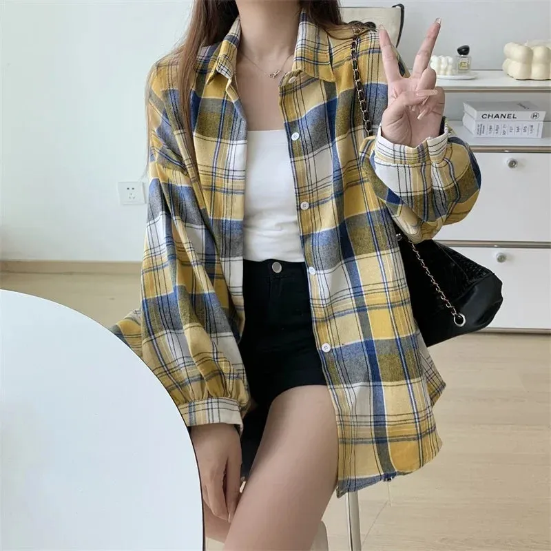 Obsidian Phoenix Women’s Plaid Shirt - Long-Sleeve Vintage Preppy Style Blouse, Single-Breasted and Loose Fit