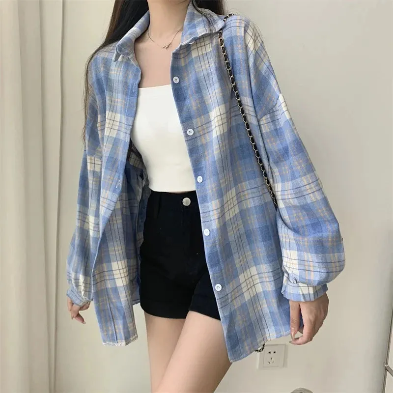 Obsidian Phoenix Women’s Plaid Shirt - Long-Sleeve Vintage Preppy Style Blouse, Single-Breasted and Loose Fit