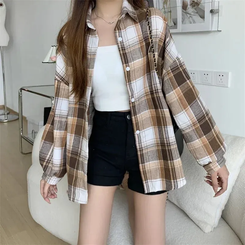Obsidian Phoenix Women’s Plaid Shirt - Long-Sleeve Vintage Preppy Style Blouse, Single-Breasted and Loose Fit