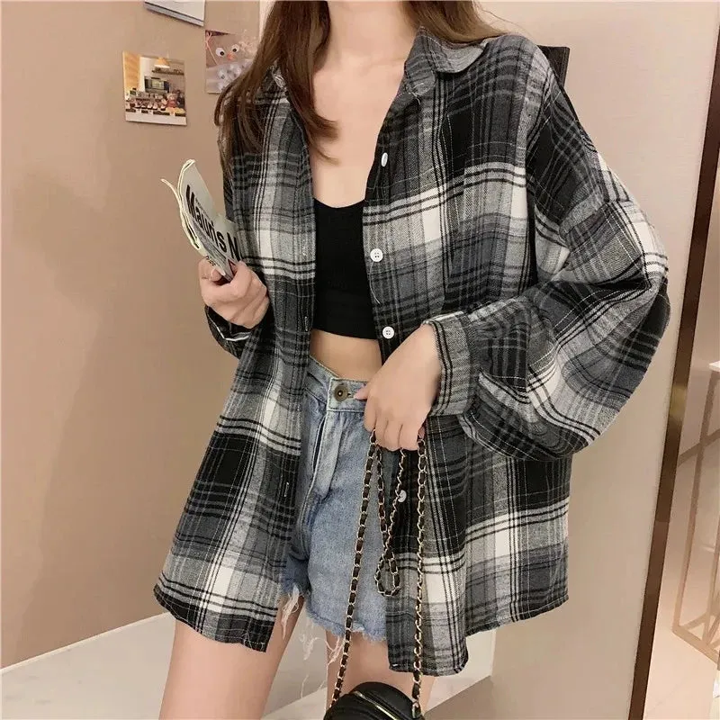 Obsidian Phoenix Women’s Plaid Shirt - Long-Sleeve Vintage Preppy Style Blouse, Single-Breasted and Loose Fit