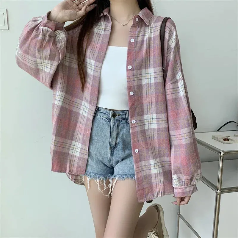 Obsidian Phoenix Women’s Plaid Shirt - Long-Sleeve Vintage Preppy Style Blouse, Single-Breasted and Loose Fit