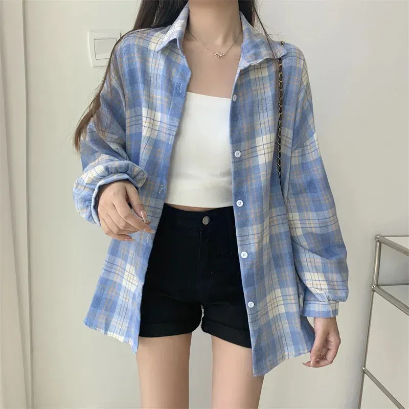 Obsidian Phoenix Women’s Plaid Shirt - Long-Sleeve Vintage Preppy Style Blouse, Single-Breasted and Loose Fit