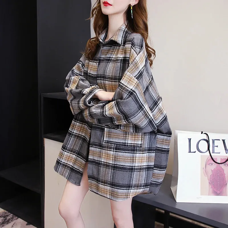 Obsidian Phoenix Women’s Plaid Shirt - Long-Sleeve Vintage Preppy Style Blouse, Single-Breasted and Loose Fit