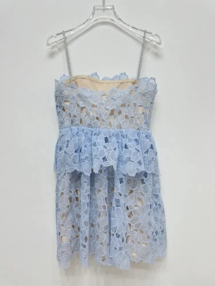 OLGA LACE LAYER CUTOUT MINI DRESS IN BLUE