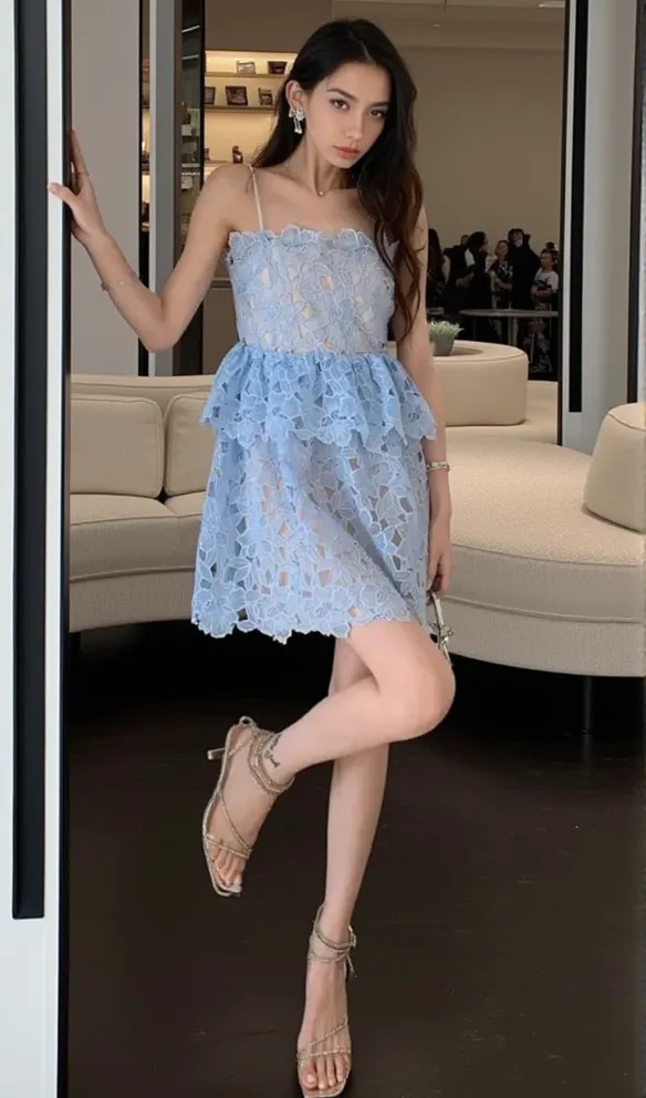 OLGA LACE LAYER CUTOUT MINI DRESS IN BLUE