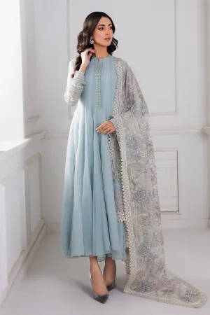 Pakistani Party Frock With Dupatta In Sky Blue Color