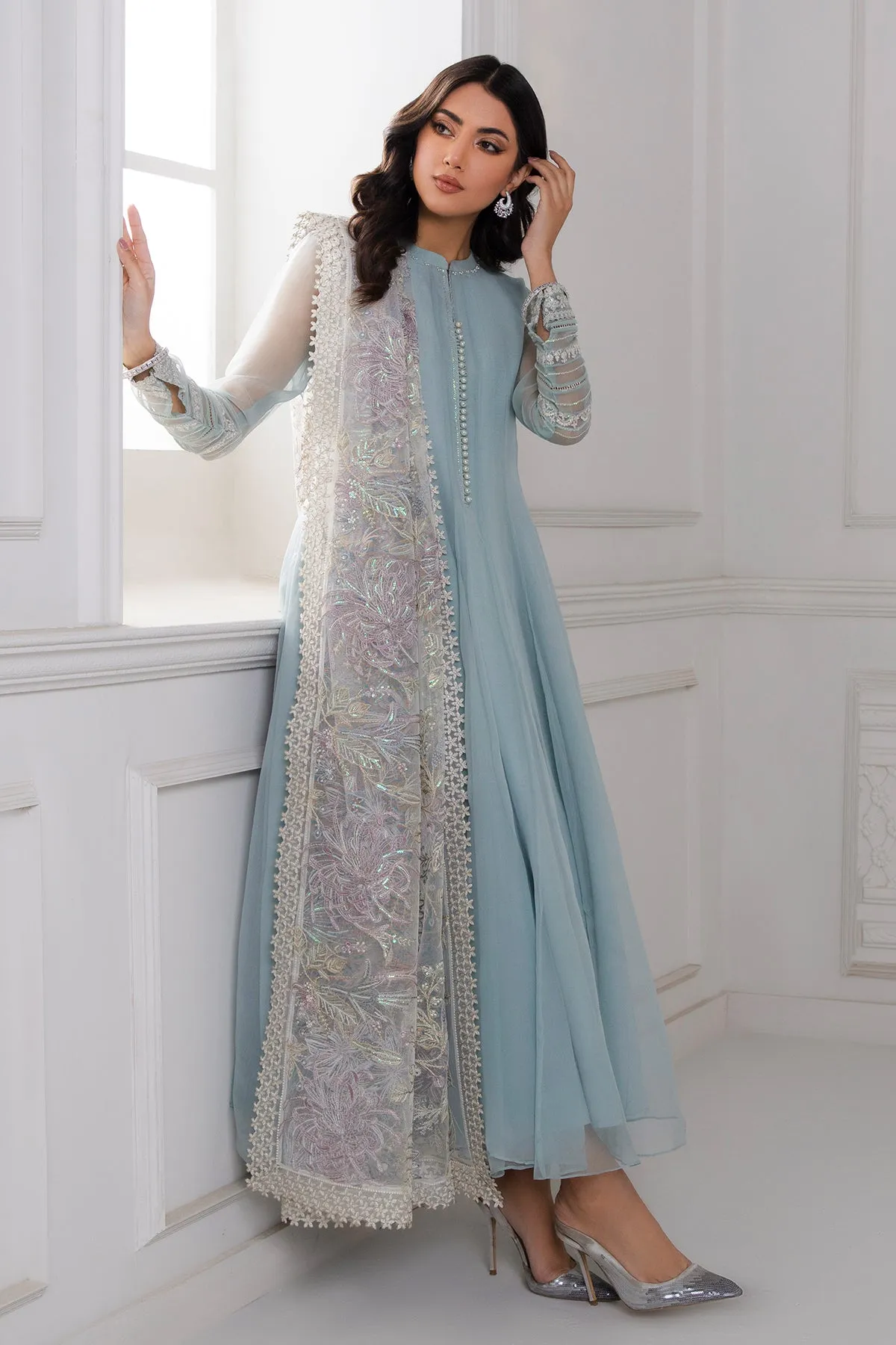 Pakistani Party Frock With Dupatta In Sky Blue Color