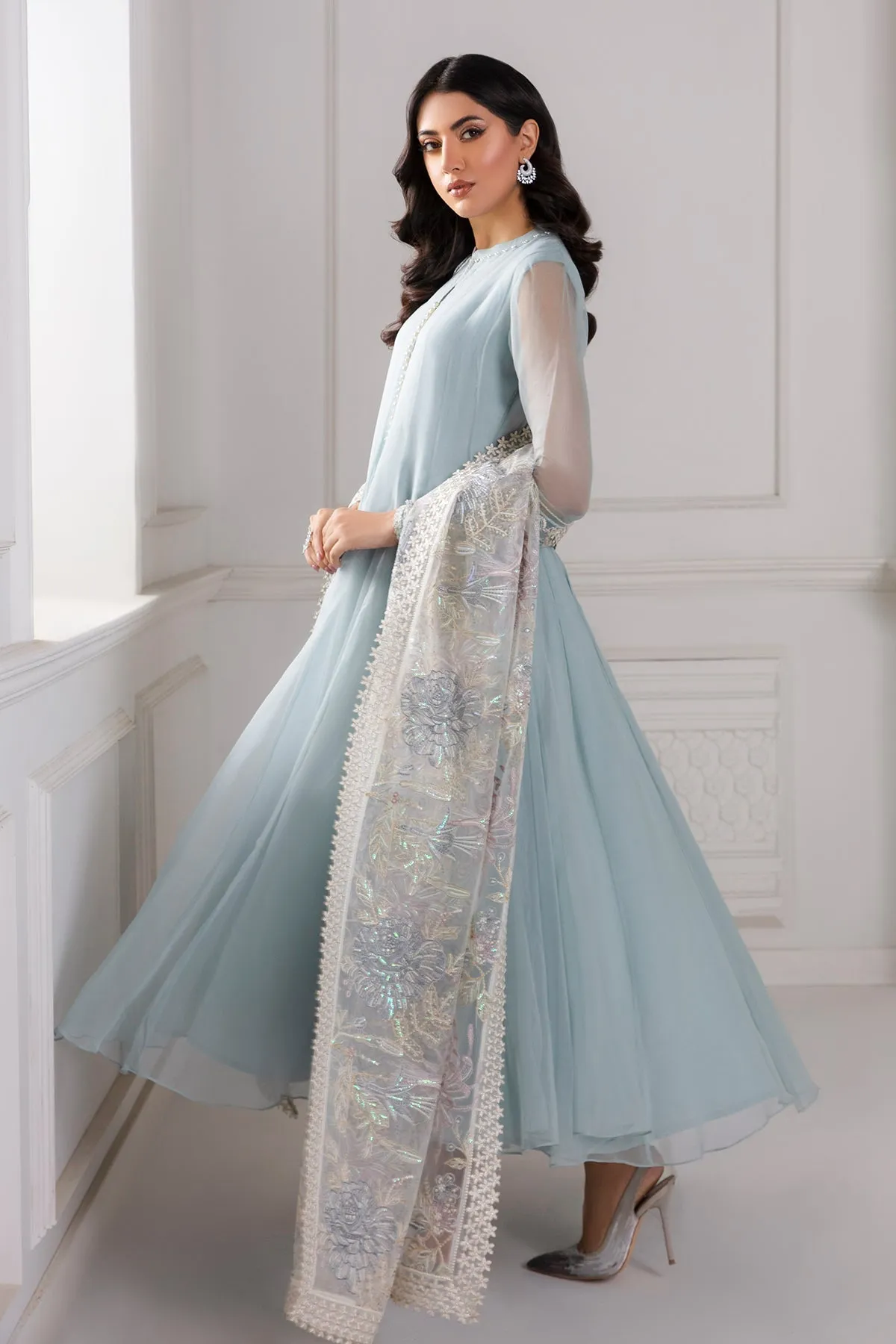 Pakistani Party Frock With Dupatta In Sky Blue Color