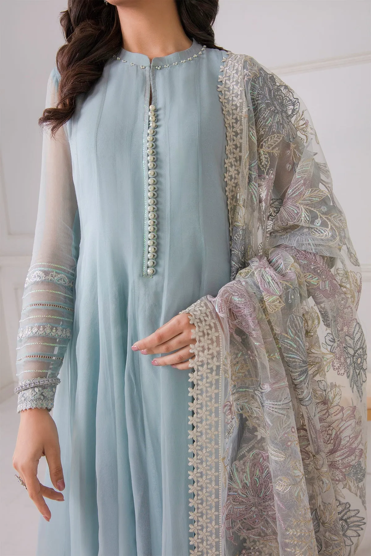 Pakistani Party Frock With Dupatta In Sky Blue Color