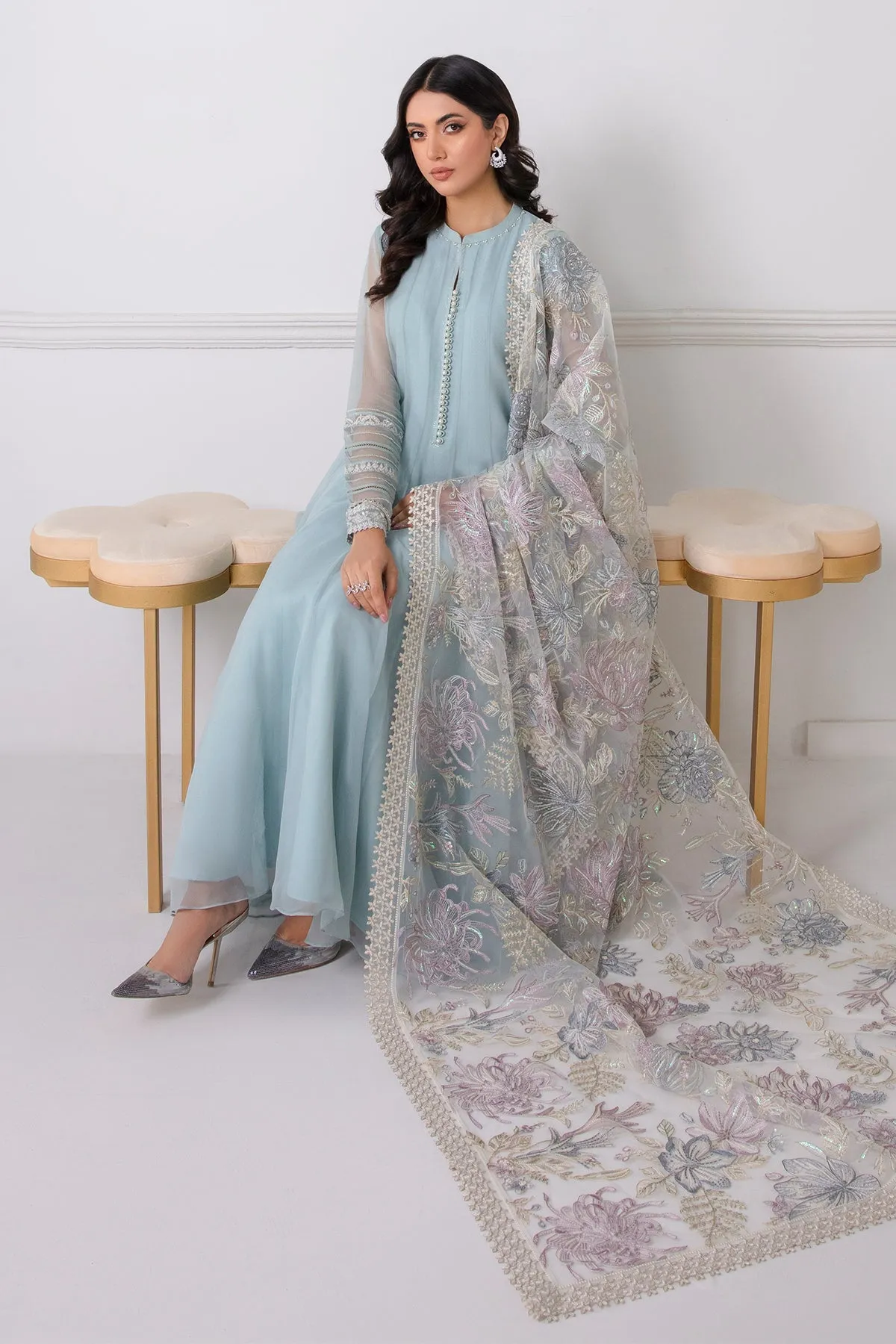 Pakistani Party Frock With Dupatta In Sky Blue Color