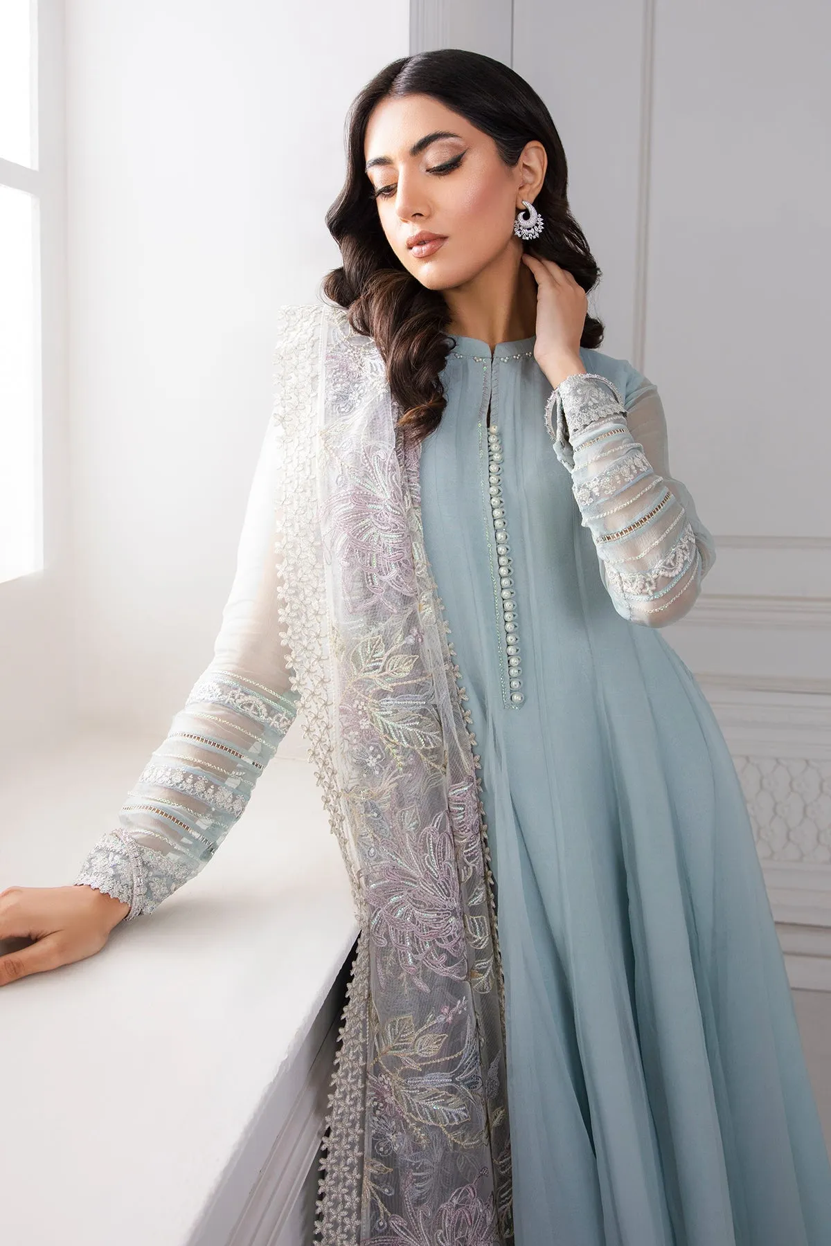 Pakistani Party Frock With Dupatta In Sky Blue Color