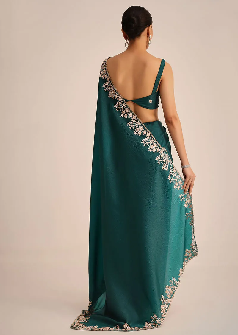 Peacock Green Crushed Tissue Saree With Cutdana And Sequin Border