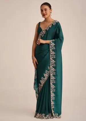 Peacock Green Crushed Tissue Saree With Cutdana And Sequin Border