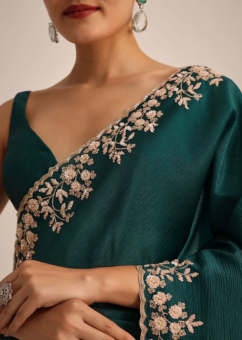Peacock Green Crushed Tissue Saree With Cutdana And Sequin Border