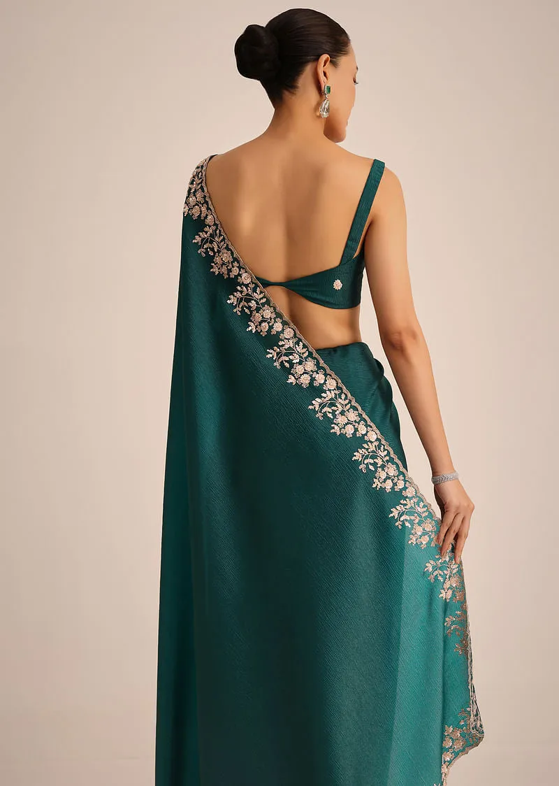 Peacock Green Crushed Tissue Saree With Cutdana And Sequin Border
