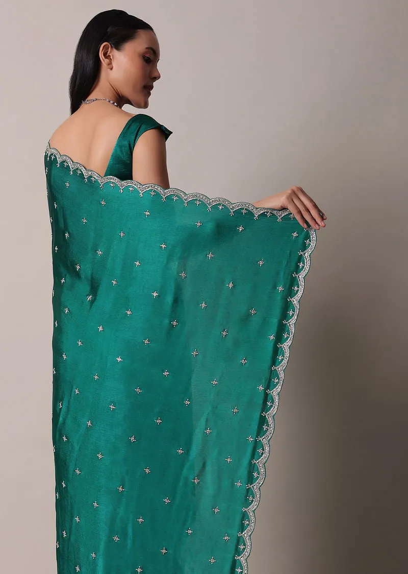 Peacock Green Saree In Satin Chinon With Scallop Border