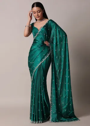 Peacock Green Saree In Satin Chinon With Scallop Border