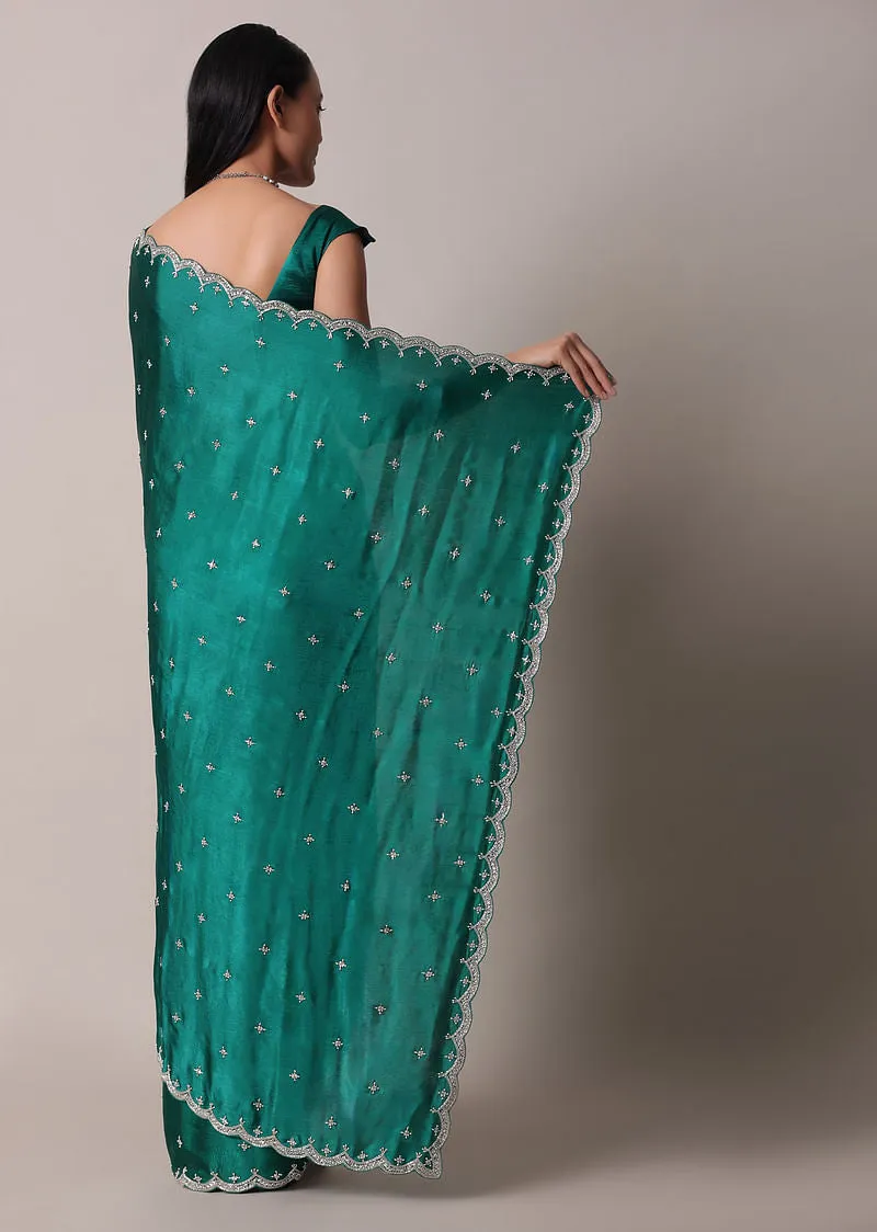Peacock Green Saree In Satin Chinon With Scallop Border