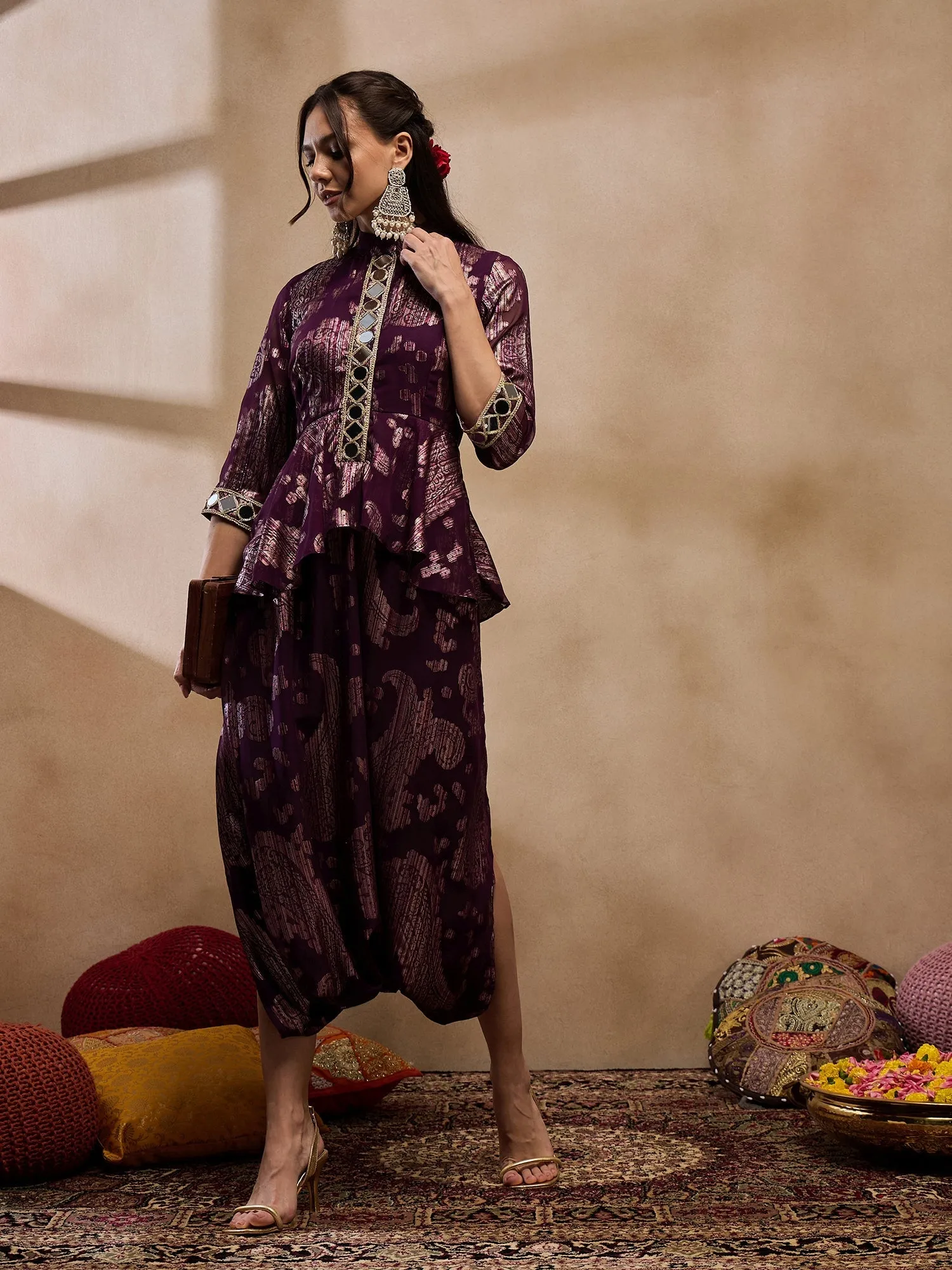 Peplum Low Crotch Jumpsuit In Purple Color