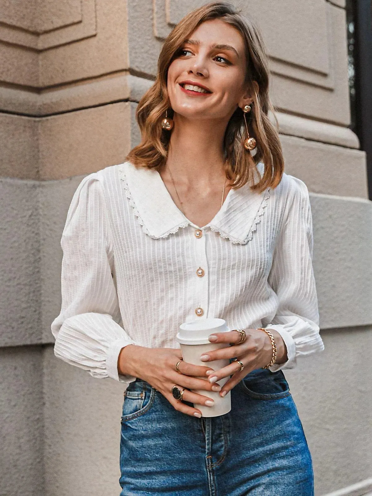 Peter Pan Collar Lace Trim Button Front Womens Shirt