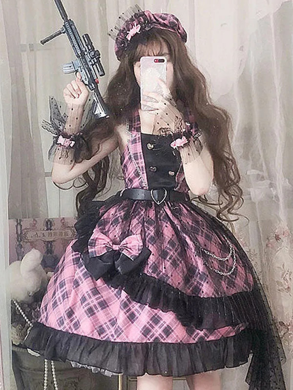 Pink Lolita JSK Dress Plaid Bows Ruffles Lolita Jumper Skirts