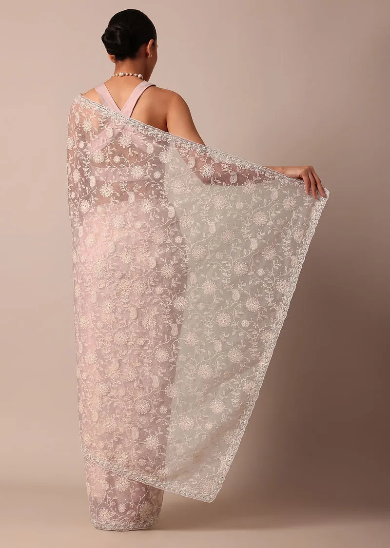 Pink Organza Silk Saree With Chikankari Floral Jaal Work