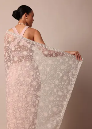 Pink Organza Silk Saree With Chikankari Floral Jaal Work
