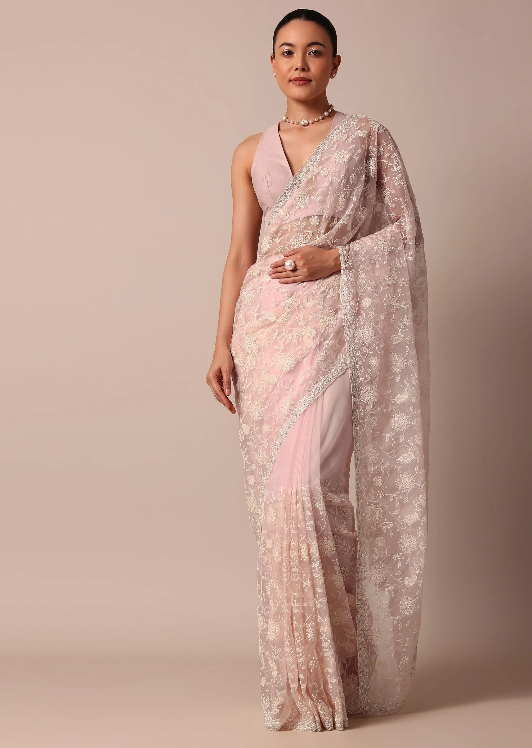 Pink Organza Silk Saree With Chikankari Floral Jaal Work