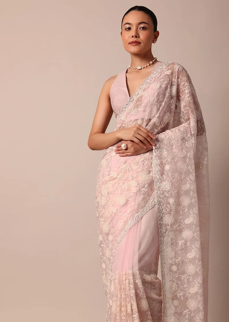 Pink Organza Silk Saree With Chikankari Floral Jaal Work