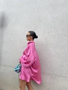 Pink Sateen Oversized Mini Shirt-Dress