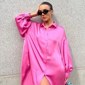 Pink Sateen Oversized Mini Shirt-Dress