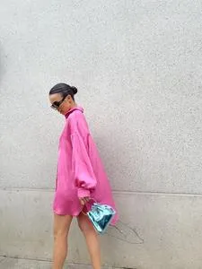 Pink Sateen Oversized Mini Shirt-Dress