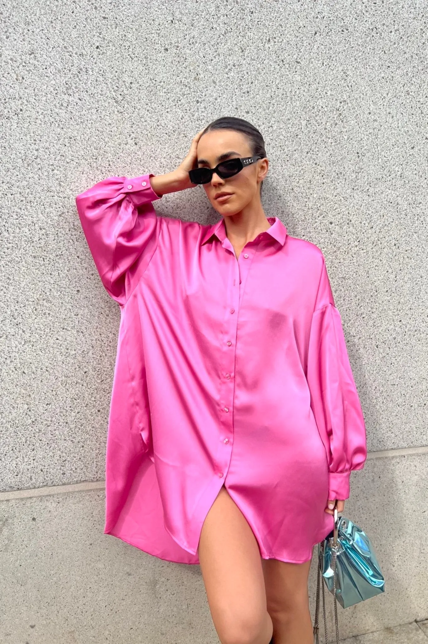 Pink Sateen Oversized Mini Shirt-Dress