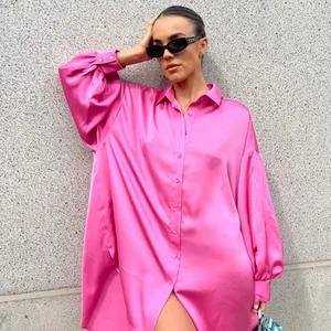 Pink Sateen Oversized Mini Shirt-Dress