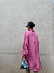 Pink Sateen Oversized Mini Shirt-Dress