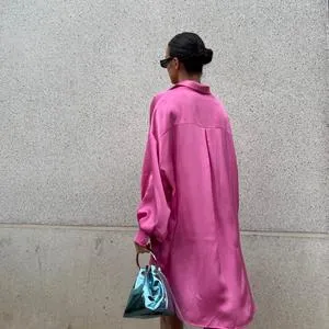Pink Sateen Oversized Mini Shirt-Dress