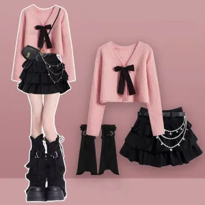 Pink Sweater   Black Skirt Suit UB99354