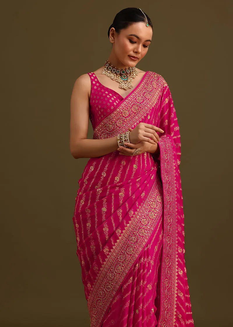 Pink Zardosi Embroidered Saree With Cutdana And Stone Work