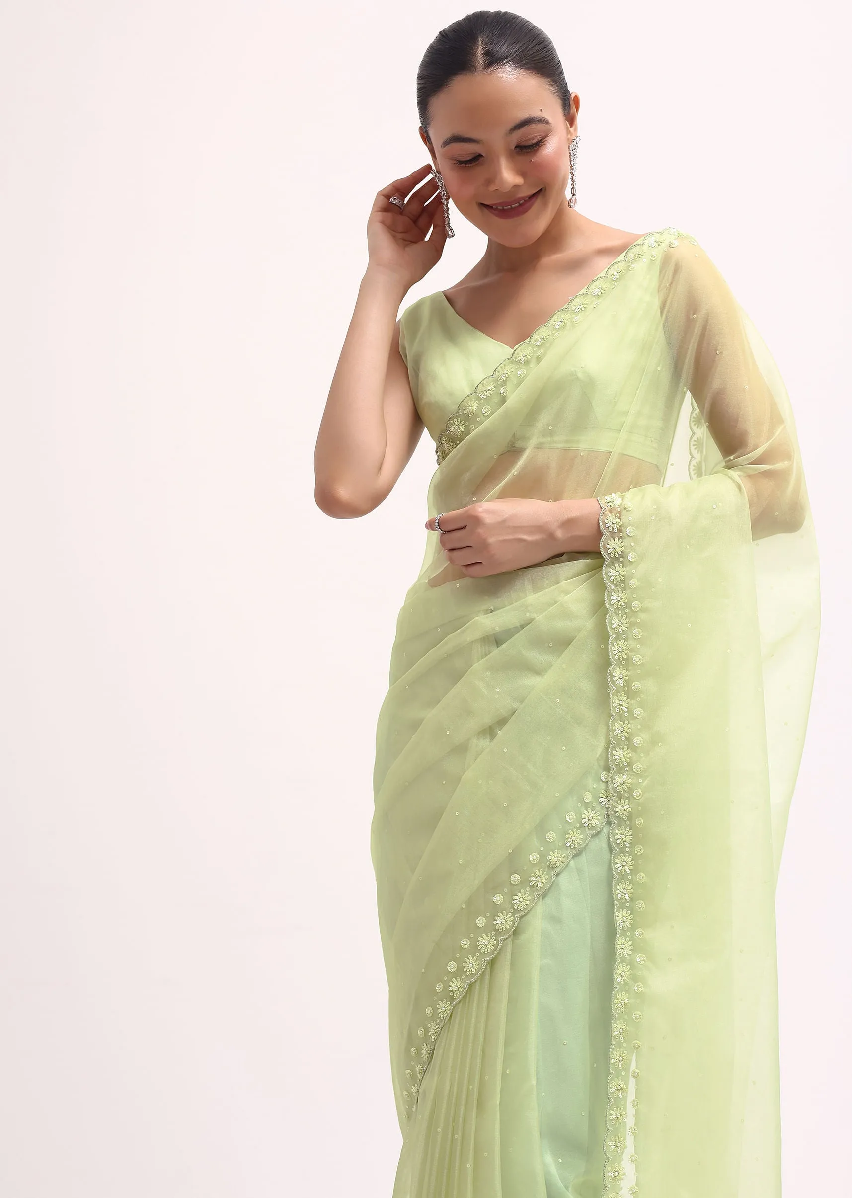 Pista Green Organza Saree In Sequins