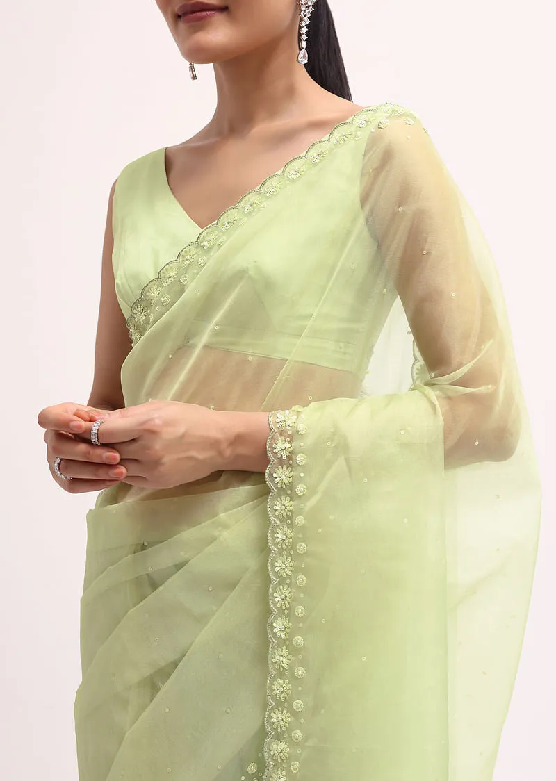 Pista Green Organza Saree In Sequins